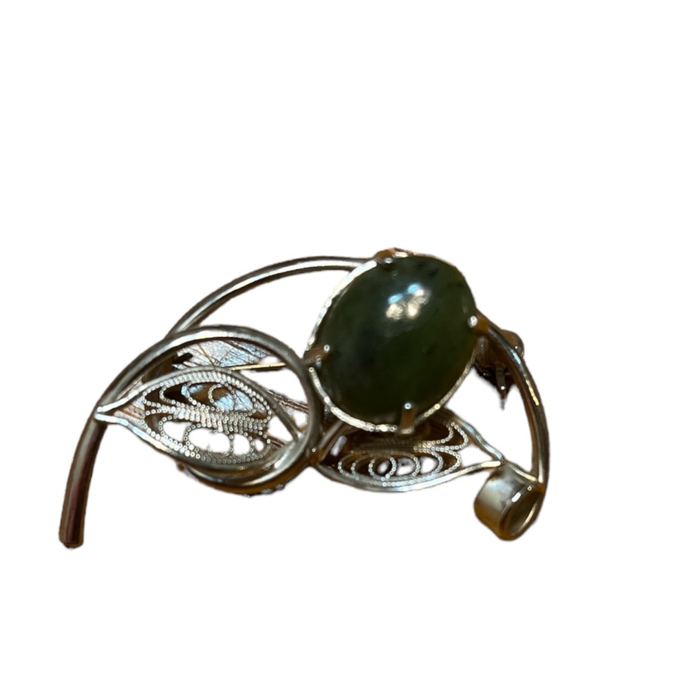 Vintage Silver Tone Filigree Brooch with Green Stone